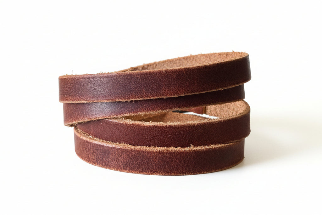 Three brown leather straps stacked on a textured beige surface